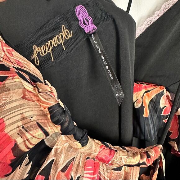 NEW Free People Primmy Midi Black Floral Chiffon Pink Lace Resort Boho Dress XL - Picture 4 of 16